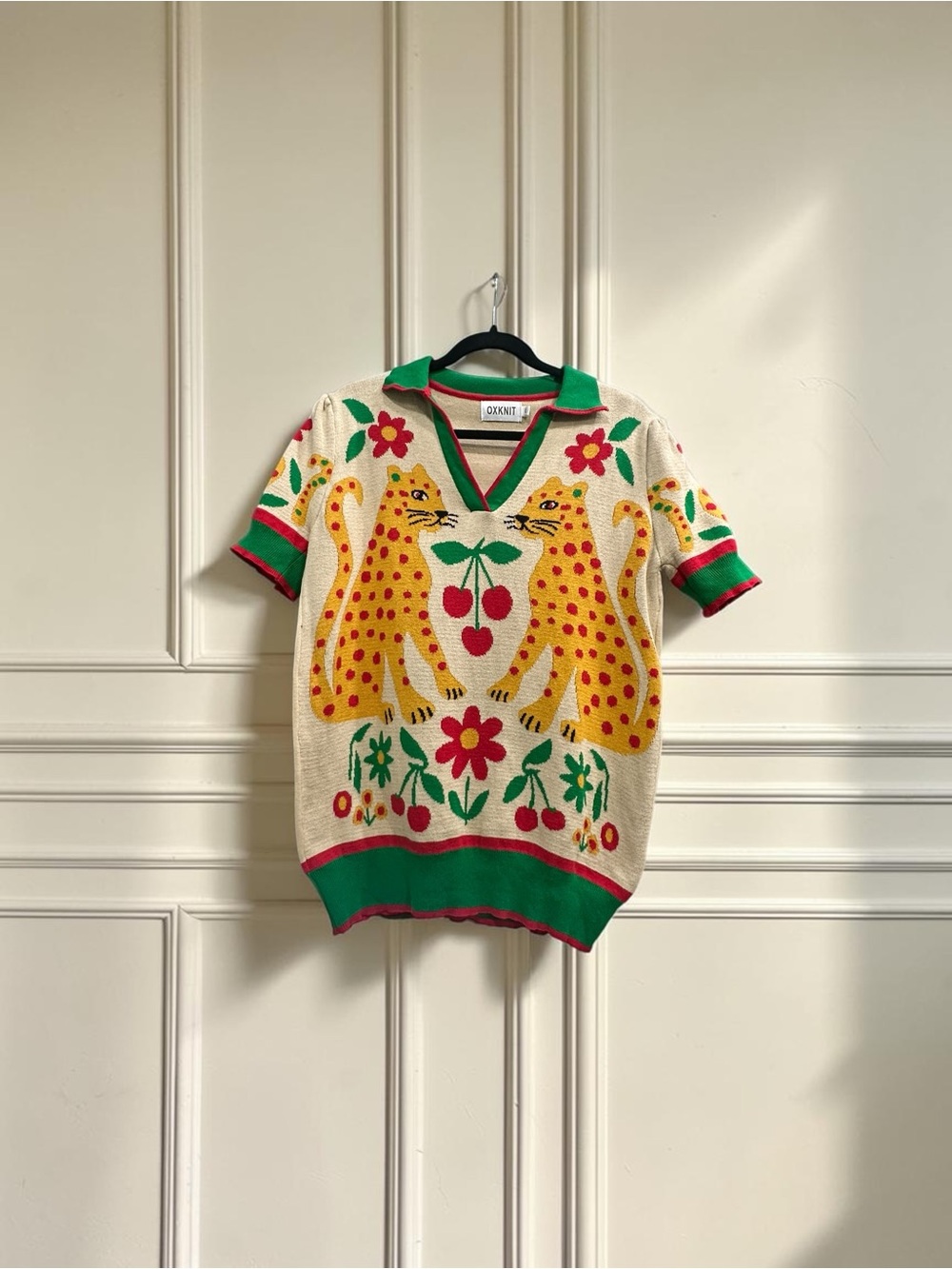 Oxknit Short Sleeve Vibrant Cotton Sweater. Leopard & Cherries. Size: Large